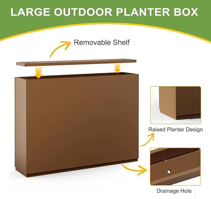 FENCY Metal Rectangular Planter Box for Outdoor - Large Planters with Drainage Holes (35.4" L x 9" W x 25.6" H, Brown) by GreenHaven Gardens