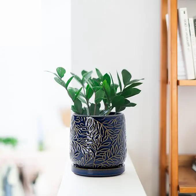 D'vine Dev 4 Inch Embossed Leaves Stoneware Planter Pot with Drainage Hole and Saucer, Midnight Blue, 27-A-Z-3 by GreenHaven Gardens