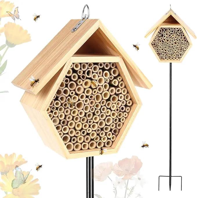 Mason Bee House for Garden, Natural Wooden Bee Habitat with Metal Ground Stake, Attracts Pollinators, Improve Garden Productivity, Outdoor Decoration by GreenHaven Gardens