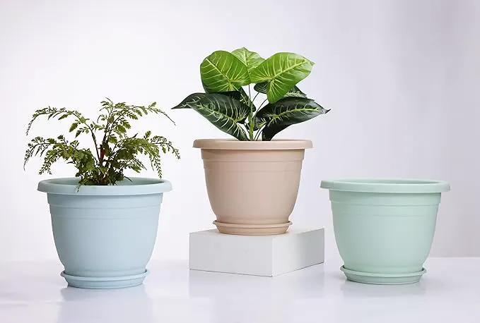 5 Packs 10 inch Plant Pots + Saucer, Planters for Indoor & Outdoor Plants with Drainage Holes | Plastic Flower Pots, Large Planter (Light Green, 10 inch) by GreenHaven Gardens