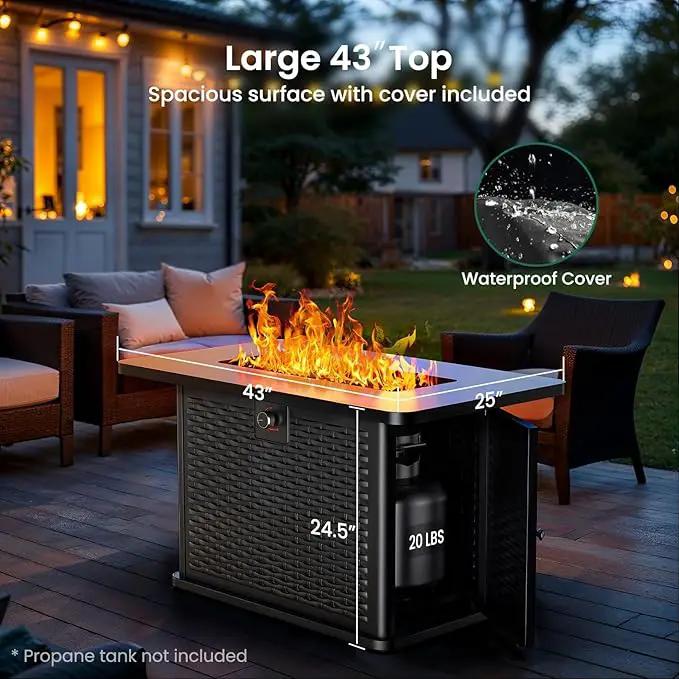 Ciays 43-Inch Rectangular Propane Fire Pit with 60,000 BTU Output, Gas with Cover and Rocks, Table CSA-Certified 2 in 1Table Gatherings Parties with 304 Stainless Steel H-Burner by GreenHaven Gardens