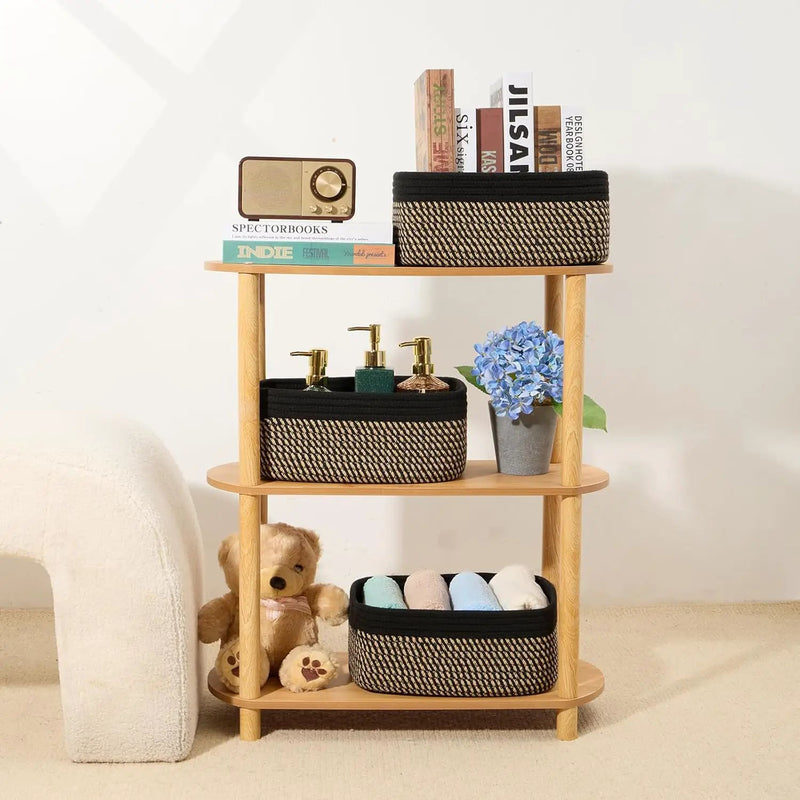 Small Storage Baskets for Organizing | Closet Organizer Bins | Shelf Toy Basket | Woven Rope Baskets | Cube Decorative Box | Shallow Basket | 13x8.5x5.1” | 3 Packs Black Brown by GreenHaven Gardens