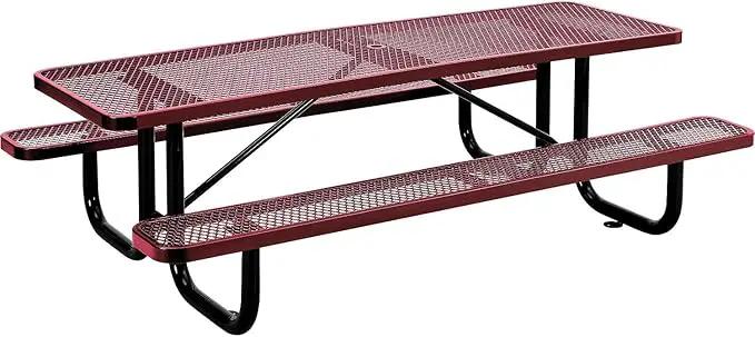 Global Industrial 8’L Rectangular Picnic Table, Expanded Metal, Red Thermoplastic Coating, Attached Benches, 1-1/2” Umbrella Pole Hole, Outdoor-Rated, 1000 lb Capacity, 96” x 30” Tabletop by GreenHaven Gardens