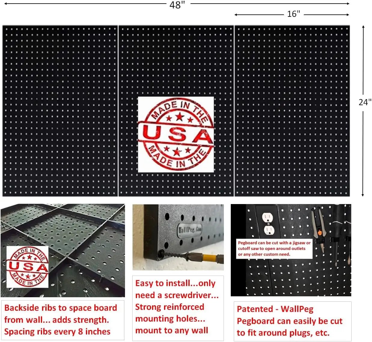 WallPeg 24" x 48" Pegboard Wall Organizer - Kit (PK-312-B) Peg Board Organizer Accessories for Garage pegboard Storage, Tool & Craft Organization with Pegboard. Hooks, and Peg Board Bins by GreenHaven Gardens