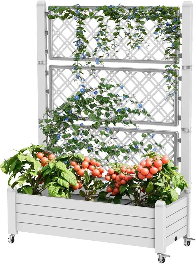 Elevated Raised Garden Bed with Trellis,Outdoor Large Resin Patio Planter Box Stand Divisible with Drain Plug,Water Monitor for Plants Vegetables Flowers Fruits (Ashen, 43.43 * 18.27 * 64.29) by GreenHaven Gardens