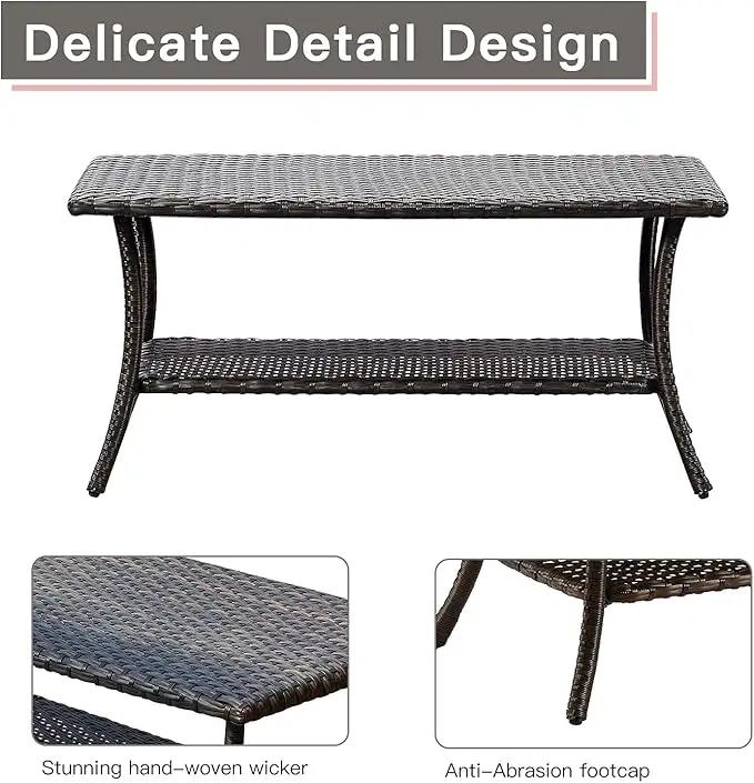 Patio Tables Outdoor Coffee Table - Wicker Rattan Coffee Tables with 2-Tier Storage Shelf Side Table for Porch Deck Balcony Garden Outside Rectangle Brown by GreenHaven Gardens