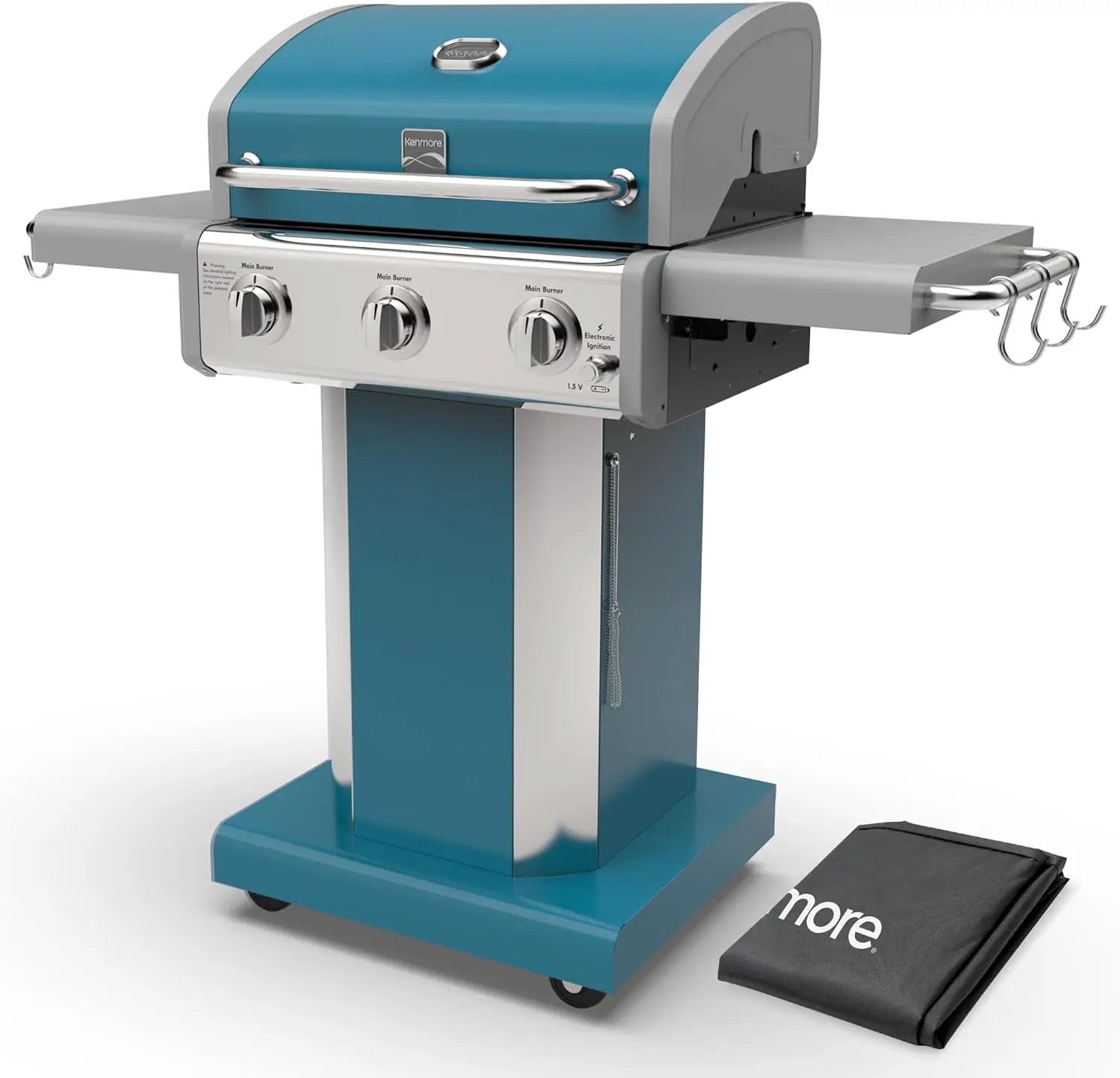 Kenmore 3-Burner Propane BBQ Grill, 30,000 BTUs Gas Grill with Cast Iron Cooking Grates, Folding Side Tables & Wheels, Outdoor Grill with Tool Hooks, Teal + Bonus Cover by GreenHaven Gardens