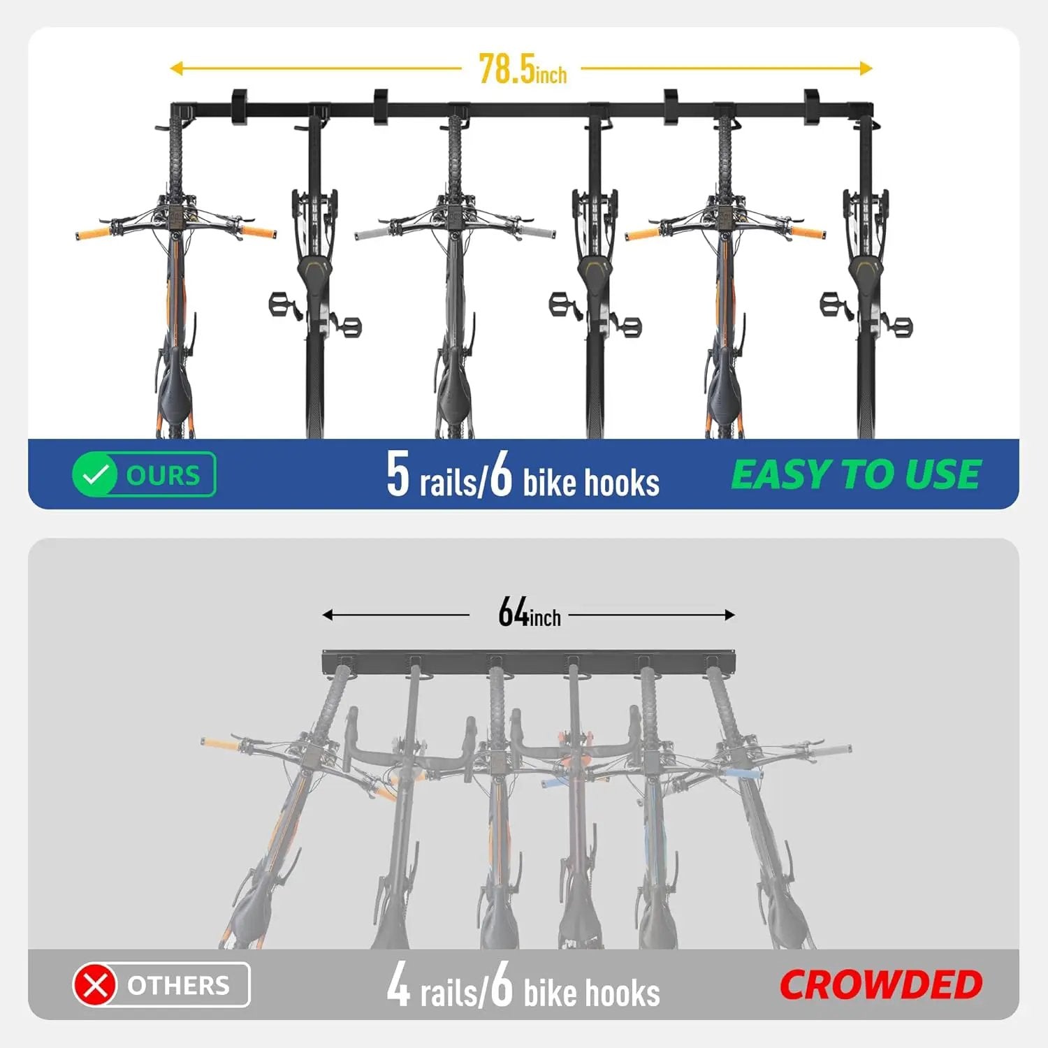 monTEK Enhanced Garage Bike Rack, Adjustable 6 Bike Hangers for Garage, Equipped with 78.5in Extended Rail to Accommodate Various Bicycle Sizes, Heavy-Duty Steel Bike Wall Mount, Max Capacity 330 lbs by GreenHaven Gardens