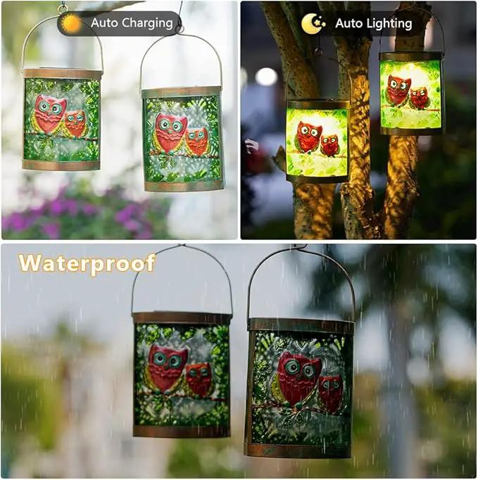 Starsoul 2 Pack Hanging Solar Lantern Outdoor Waterproof Owls Nestled on Branch Glass Decorative Solar Lights for Outside Garden Yard Table Patio Decor by GreenHaven Gardens