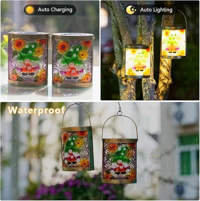 Starsoul 2 Pack Hanging Solar Lantern Outdoor Waterproof Glass Gnome and Sunflowers Decorative Solar Lights for Outside Garden Yard Table Patio Decor by GreenHaven Gardens