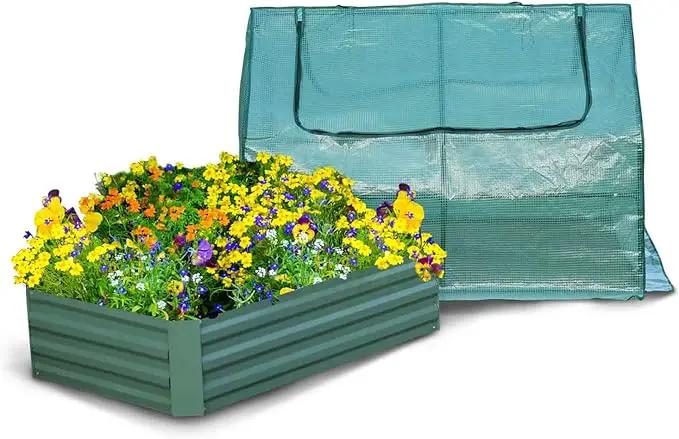 Aoodor 4 x 2 x 1 ft Raised Garden Metal Bed, Mini Greenhouse Kit with 2 Roll-up Zipper Doors, for Vegetables, Herbs and Flowers by GreenHaven Gardens