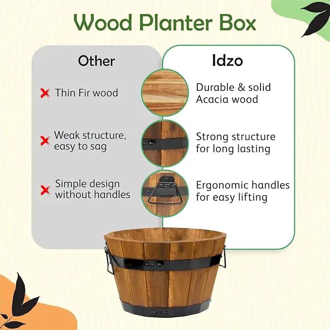 IDZO Set of 3 Wooden Flower Boxes Outdoor, Durable Acacia Wood Barrel Planters for Outdoor Plants with Ergonomic Handles, Drainage Holes, Multiple Sizes Wood Bucket Planter Light Brown by GreenHaven Gardens