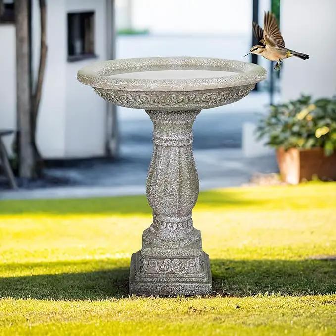 SunJet 23.8 Inch High Concrete Bird Bath with Carved Pedestal – Birdbath Sturdy & Elegant Design, Stone-Like Texture, Attracts Birds and Enhances Garden, Patio, Yard, Lawn Decor by GreenHaven Gardens