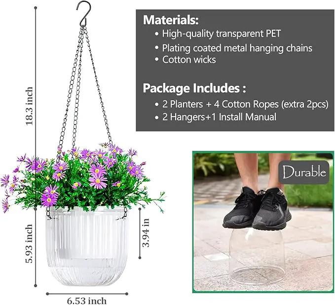 6.5 Inch 2 Pcs Self Watering Hanging Planter Indoor Plant Pots Drainage Holes, Outdoor Hanging Planters Flower Pot Basket, Visible Water Level, Plant Hanger Home Decor, Gardening by GreenHaven Gardens