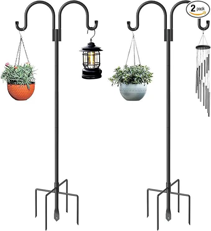 Double Shepherds Hooks for Outdoor, 2 Pack 63 Inch Bird Feeder Pole Hanger with 5 Prongs Base, Heavy Duty Bird Feeder Garden Hook for Hanging Plant, Lantern, Hummingbird Feeder by GreenHaven Gardens