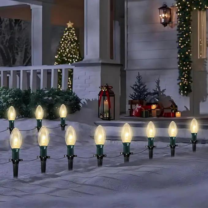 38Ft Christmas Pathway String Lights Outdoor with C9 25 Clear Christmas Pathway Marker Stakes Lights, Extendable C9 Outdoor Walkway Lights for Outside Xmas Party Holiday Backyard Commercial Decor by GreenHaven Gardens