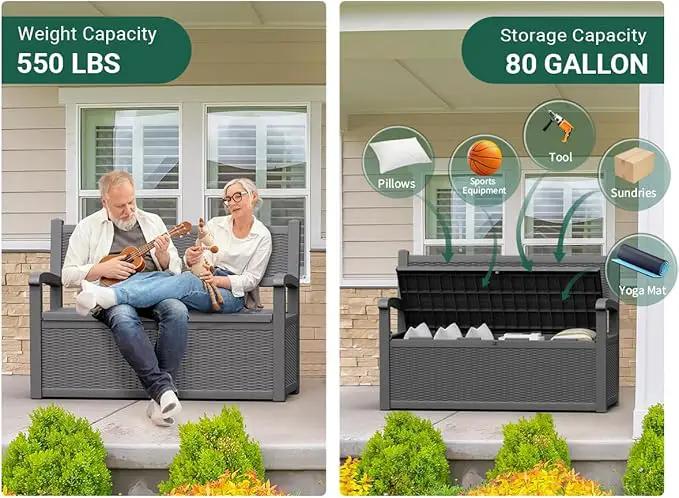 80 Gallon Outdoor Storage Box, Resin Patio Furniture with Armrest, Lockable Deck Box with Waterproof and UV Resistant for Patio Cushions, Garden Tools and Pool Supplies, Grey by GreenHaven Gardens