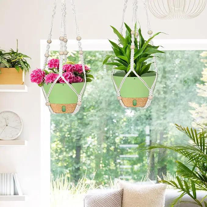 ZMTECH 2 Pack 10 Inch Hanging Planters with Macrame Plant Hanger for Indoor and Outdoor Plants, Self Watering, Drainage Hole, Visible Level Tray, Green by GreenHaven Gardens