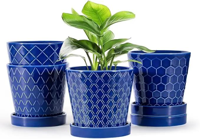 EFISPSS Ceramic Plant Pots, 5Inch Pots for Indoor Plants, Planters with Drainage Holes and Ceramic Tray,Plant Lover Gift, Desktop Office Windowsill Decoration Gift Set of 4 - Blue by GreenHaven Gardens