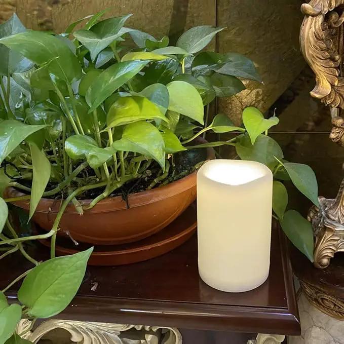 CANDLE CHOICE Waterproof Outdoor Battery Operated Flameless Candle with Timer Large Plastic Resin Bright Flickering Electric LED Pillar Lantern Patio Garden Wedding Christmas Decorations 4”(D) x6”(H) by GreenHaven Gardens