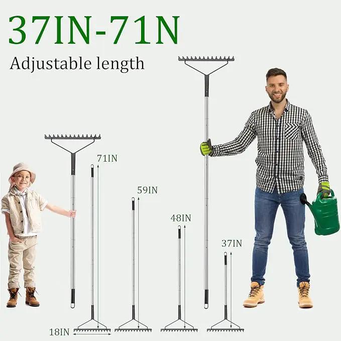 Sturdy Garden Rakes for Leaves: Metal Rake Heavy Duty Tool for Quick Clean Up of Lawn and Yard, 38’’--63’’ Adjustable Long Handle and 14Tines by GreenHaven Gardens