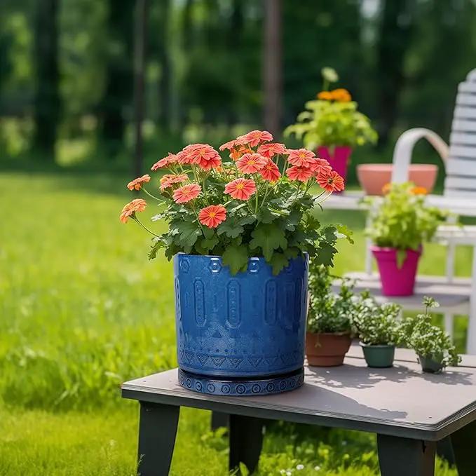 10 Inch Plant Pot - Ceramic Planter Outdoor Plant Pot Indoor with Drainage Holes and Saucer Large Flower Pot Round Decorative Planter for Garden Patio Decor Blue by GreenHaven Gardens