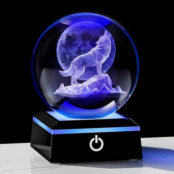 Qianwei Wolf Gifts: 3D Crystal Ball - 3.14'' Laser Decor Glass Animals Figurines Statue & Night Light by GreenHaven Gardens