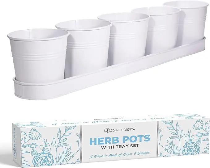 SCANDINORDICA White Herb Planter 5 Pots with Drainage Holes and Tray, Windowsill Planter, Indoor/Outdoor Herb Pots by GreenHaven Gardens