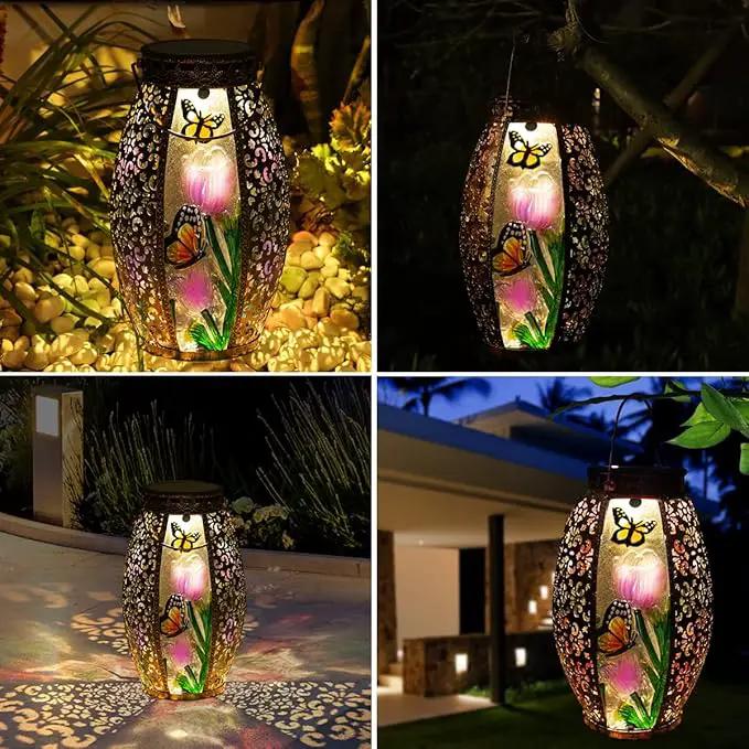 Solar Lanterns Outdoor Hanging Light - Solar Powered LED Butterfly Glass Lights Decorative Waterproof Tabletop Lampwith Hollowed-Out Design for Indoor Yard Table Patio Garden Pathway Holiday by GreenHaven Gardens
