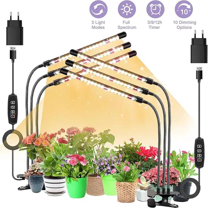 3head Plant Lights, 2Pack Grow Lights for Seed Starting, Full Spectrum Growing Lamps with Clip for Indoor Plants, Auto ON & Off Timer 3/9/12H, 3 Switch Modes, 10-Level Dimmable Brightness by GreenHaven Gardens