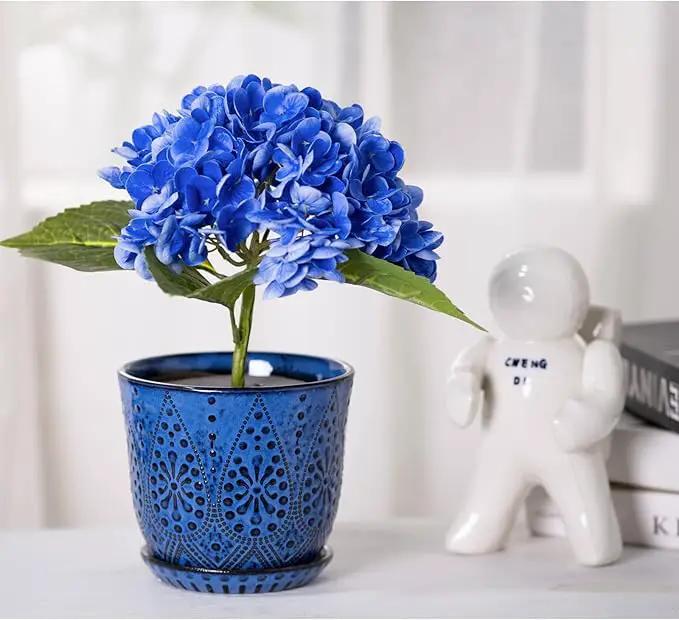 Gepege 6 Inch Beaded Ceramic Planter Set of 2 with Drainage Hole and Saucer for Plants, Indoor-Outdoor Large Round Succulent Orchid Flower Pot (Blue, for Inner-pots not Larger Than 5 Inch) by GreenHaven Gardens