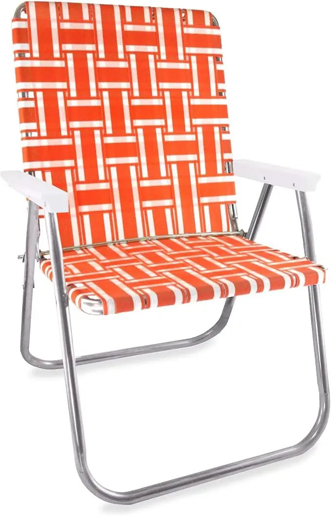 Lawn Chair USA Folding Aluminum Outdoor Patio Lawn Chair | Heavy-Duty Webbed Chairs for Camping, Sports, Beach, Yard & Tailgating | Lightweight Portable | Magnum - Orange and White with White Arms by GreenHaven Gardens