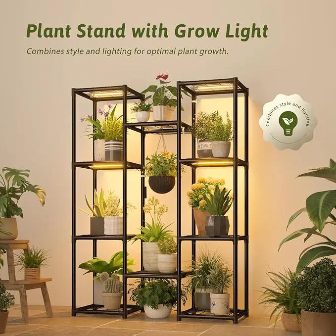 Plant Stand With Grow Lights Plant Stand Indoor Plant Shelf Metal Plant Rack Plant Holder Flower Pot Stand for Multiple Plants for Living Room Patio Balcony Garden Porch Black by GreenHaven Gardens