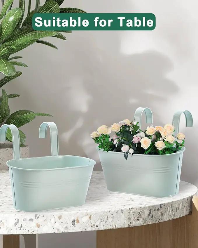 vensovo Metal Railing Planter for Outdoor Plants - 3 Pack Balcony Hanging Flower Pots with Detachable Hooks and Drain Holes Oval Bucket Rail Box Fence Planters for Home Garden Decor, Light Green by GreenHaven Gardens