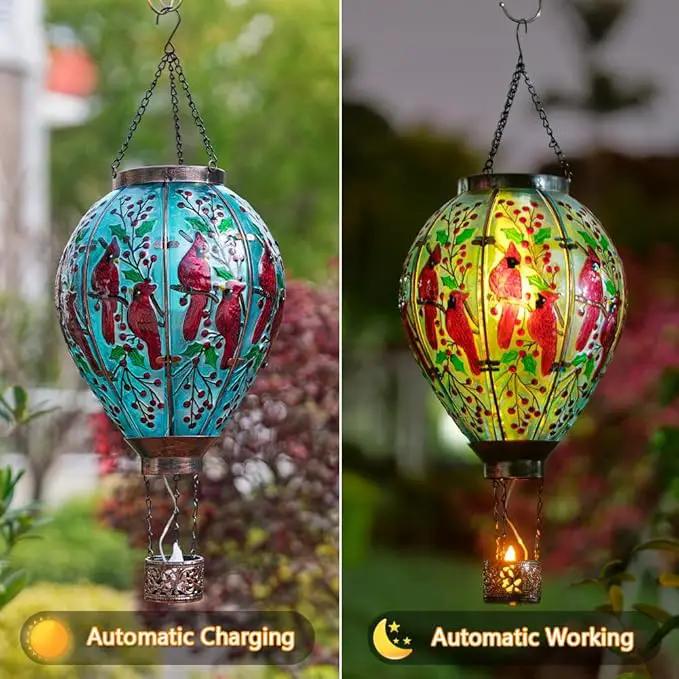 DREAMSOUL Cardinal Large Solar Hot Air Balloon Lantern with Flame, Glass Hanging Solar Lanterns Outdoor Waterproof for Garden Yard Patio Decor by GreenHaven Gardens