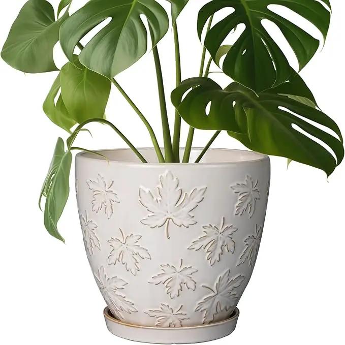 Ceramic Pots for Plants - 8 Inch Plant Pot with Drainage Hole and Saucer Large Planter Pot for Indoor Plants Outdoor Modern Flower Pot Home Decor White by GreenHaven Gardens