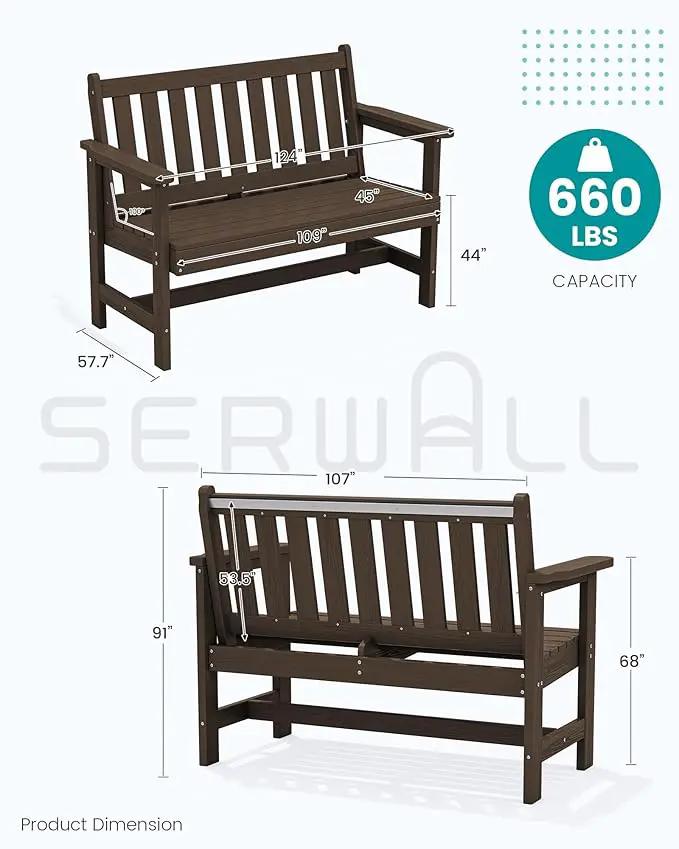 SERWALL Outdoor Bench, HDPE Outdoor Benches Weatherproof, 2-Person Garden Bench with 660 lbs Weight Capacity, Patio Benches for Outdoors, Garden, Porch, Backyard and Park, Coffee, 2 Pack by GreenHaven Gardens