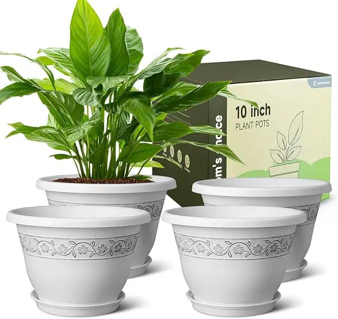 10 Inch Plant Pots with Drainage Hole - Lightweight Flower Pots for Herbs and Flowers - Home Decor Plastic Planters for Indoor Outdoor Plants- Pack of 4 (White, 10 inch) by GreenHaven Gardens