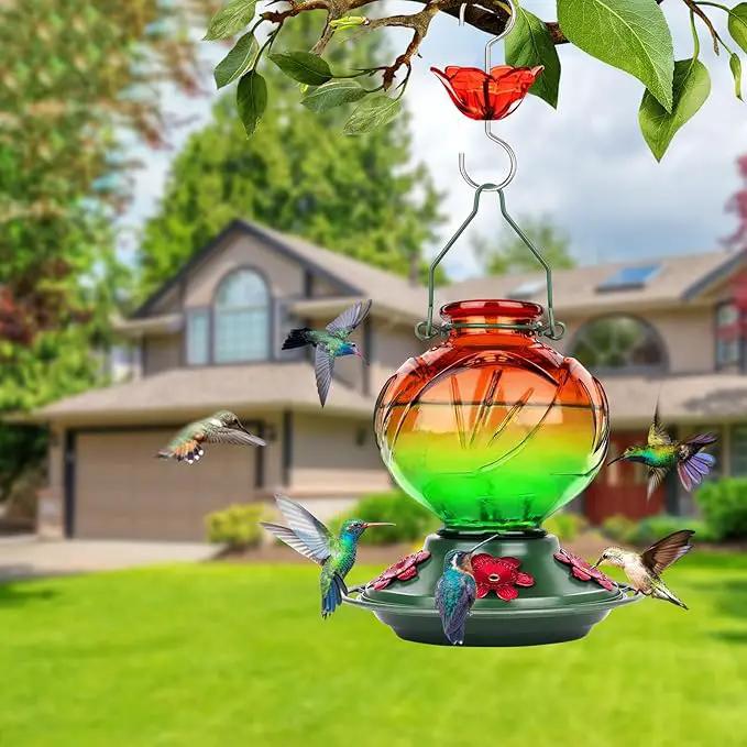 BOLITE Hummingbird Feeder, Glass Hummingbird Feeders for Outdoors Hanging, 22 Ounce, Five Feeding Ports with Perch, Peony Flower Shape, Orange and Green, Gifts for Women Men, Gifts for Mom Dad by GreenHaven Gardens