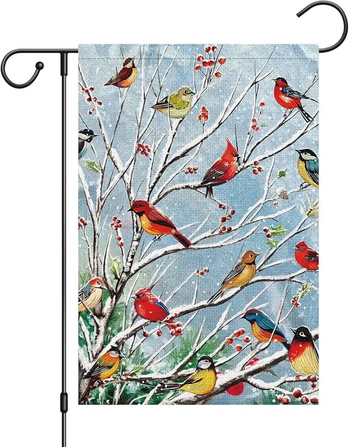 Louise Maelys Welcome Christmas Garden Flag 12x18 Double Sided, Small Burlap Tree Cardinal Birds Xmas Outside Outdoor House Yard Decor by GreenHaven Gardens