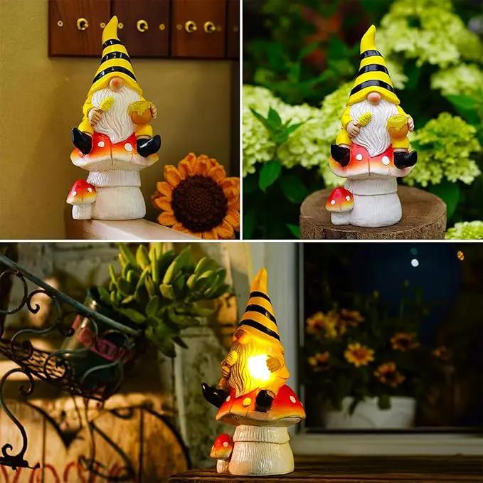 Solar Gnome Decor for Outside - Garden Beer Gnome Outdoor with Solar Lights, Sitting on Mushrooms - Perfect Housewarming or Women's Gifts (Yellow) by GreenHaven Gardens