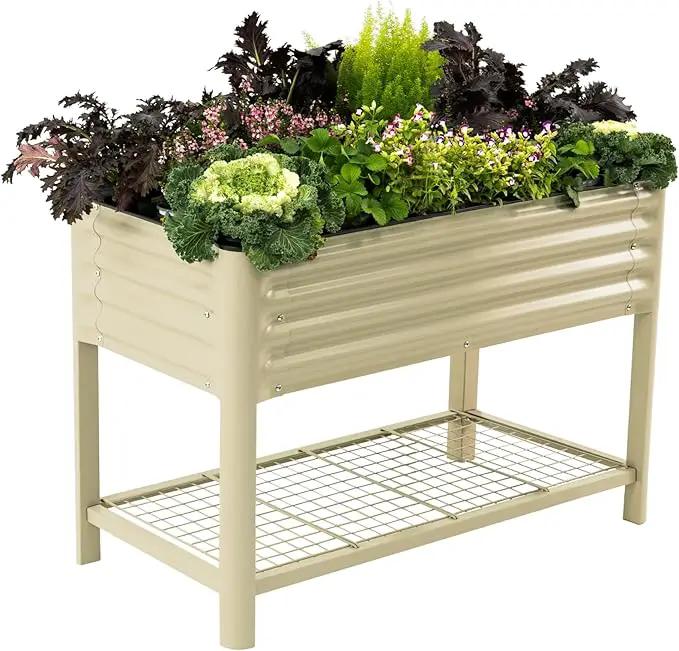 Elevated Raised Garden Bed-V Series, 2' x 4' Garden Beds with Legs & Storage Rack for Patio Porch, 700 Lbs Weight Capacity, Outdoor Planter Boxes for Gardening Herbs Vegetables Flowers, Pearl White by GreenHaven Gardens
