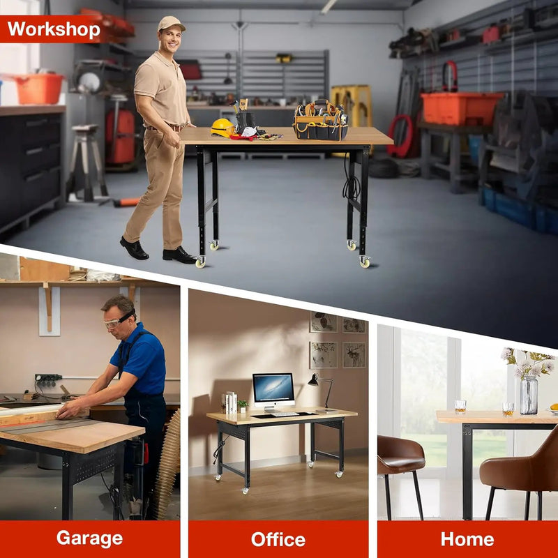 Height Adjustable Workbench with Wheels 60”×22” Heavy Duty Work Table 2000 LBS Capacity Rolling Work Table Rubber Wood Work Station with Power Outlet & Pegboard for Garage, Office, Workshop by GreenHaven Gardens