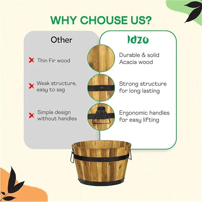 IDZO Set of 3 Wooden Flower Planters for Outdoor Plants, Acacia Wood Barrel Planters, Ergonomic Handles, Drainage Holes, Various Sizes, Golden Teak by GreenHaven Gardens