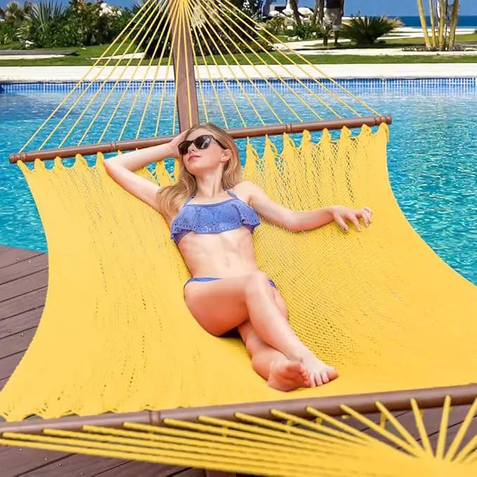 Lazy Daze Hammocks 10.5 FT Double 2 Person Caribbean Rope Hammock, Hand Woven Polyester Hammock with Spreader Bars, for Outside Outdoor Backyard Patio Poolside,450 LBS Capacity, Yellow by GreenHaven Gardens