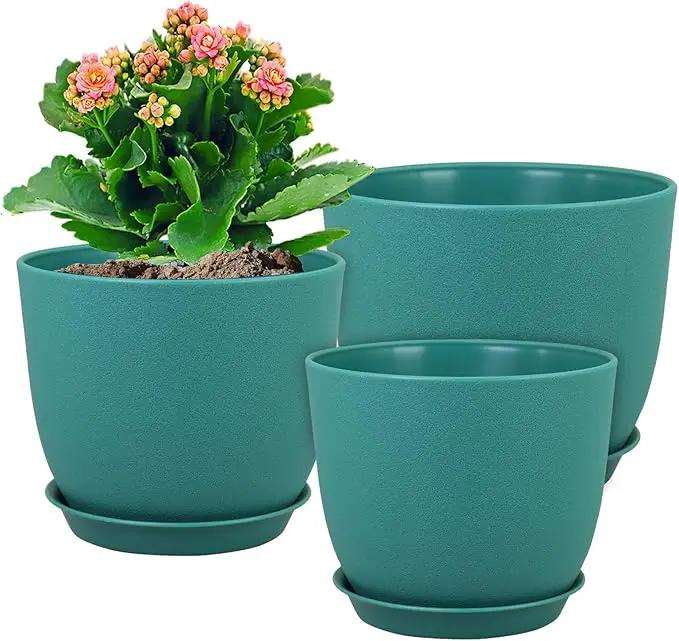 Flower Pots 10/9/8 inch, Set of 3 Modern Decorative Plastic Planters with Drainage Holes and Tray for House Plants Indoor Flowers Plants, Plant Pots for Indoor Outdoor Plants, Blue Green by GreenHaven Gardens