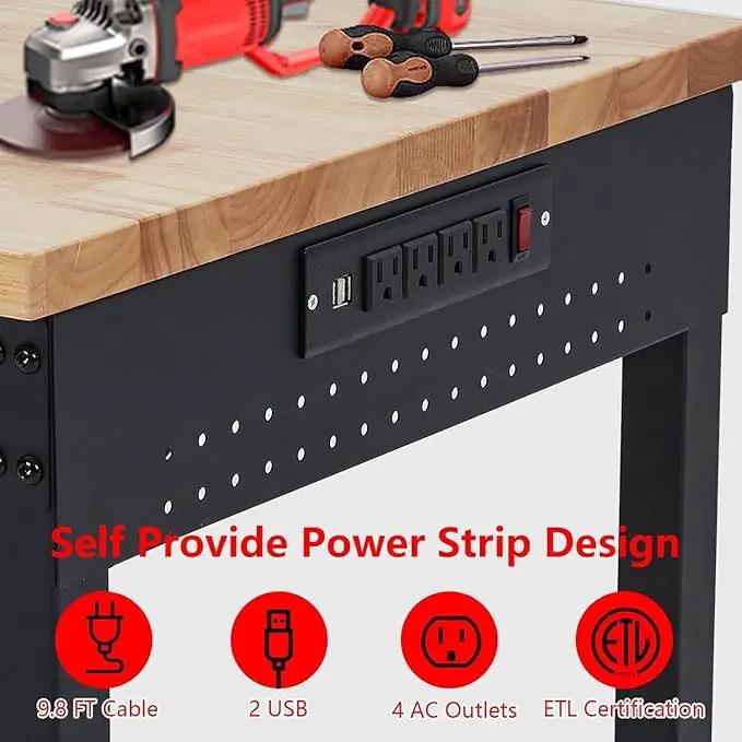 48'' Adjustable Workbench on Wheels, 2000LBS Heavy Duty Worktable with Power Outlets & Drawers & Pegboard, Rubberwood Workstation for Workshop, Garage, Office, Home by GreenHaven Gardens