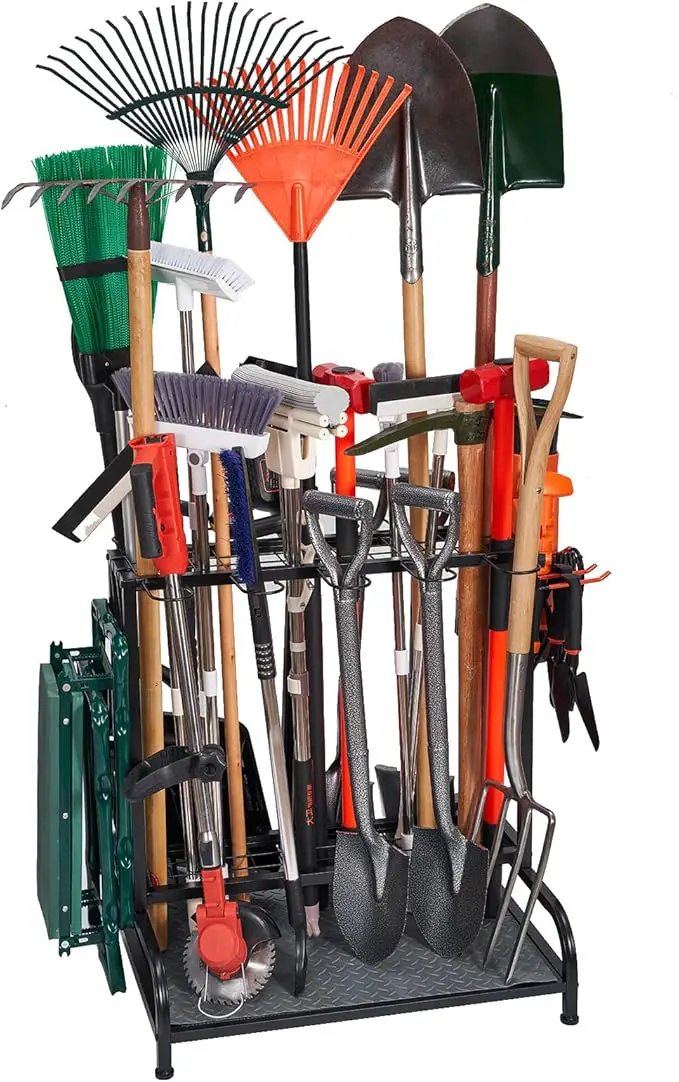 Garden Tool Organizer, Yard Tools Rack Holds 55 Long-Handled Tools/Rakes/Brooms for Garage Organization and Storage, Shed, Outdoor, Lawn, Heavy-Duty Steel, Black, Easy Assembly by GreenHaven Gardens