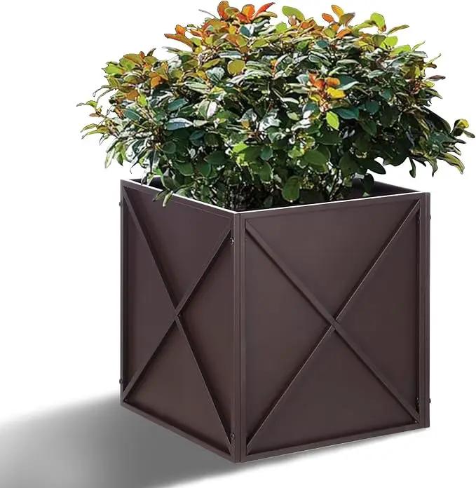 Metal Square Planter Box Tall Planters for Outdoor Plants Modern Heavy Duty with Drainage Holes for Outside Indoor Patio Deck - Brown, 17”x 17”x 18” by GreenHaven Gardens