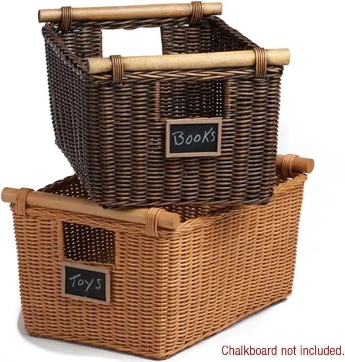 The Basket Lady Pole Handle Wicker Storage Basket, Small, 14 in L x 10 in W x 7.5 in H, Antique Walnut Brown by GreenHaven Gardens